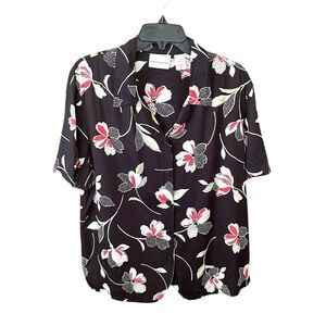 Alfred Dunner women’s plus size short sleeve floral button top 16 black white